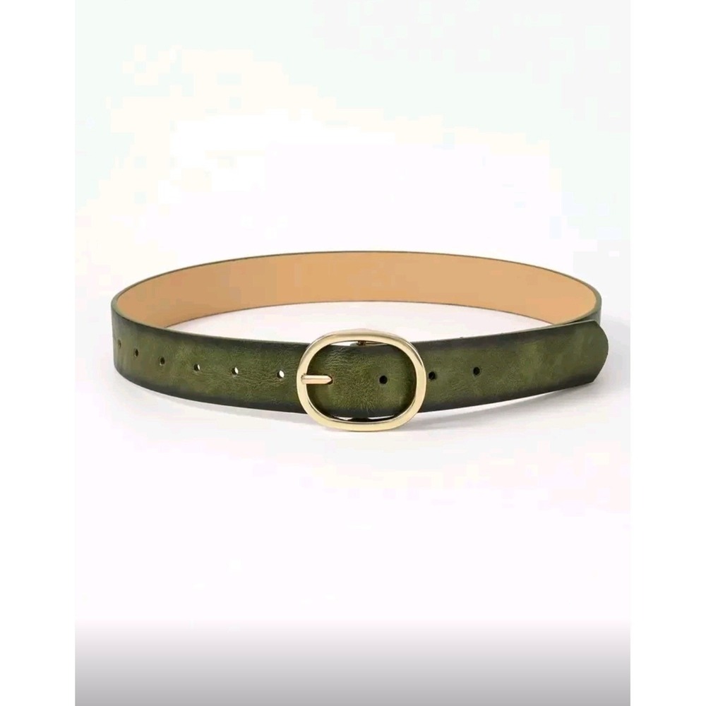 Women Olive Green Faux Leather Belt Gold Oval Buckle Casual Dress Jeans 44 inch - Picture 2 of 4